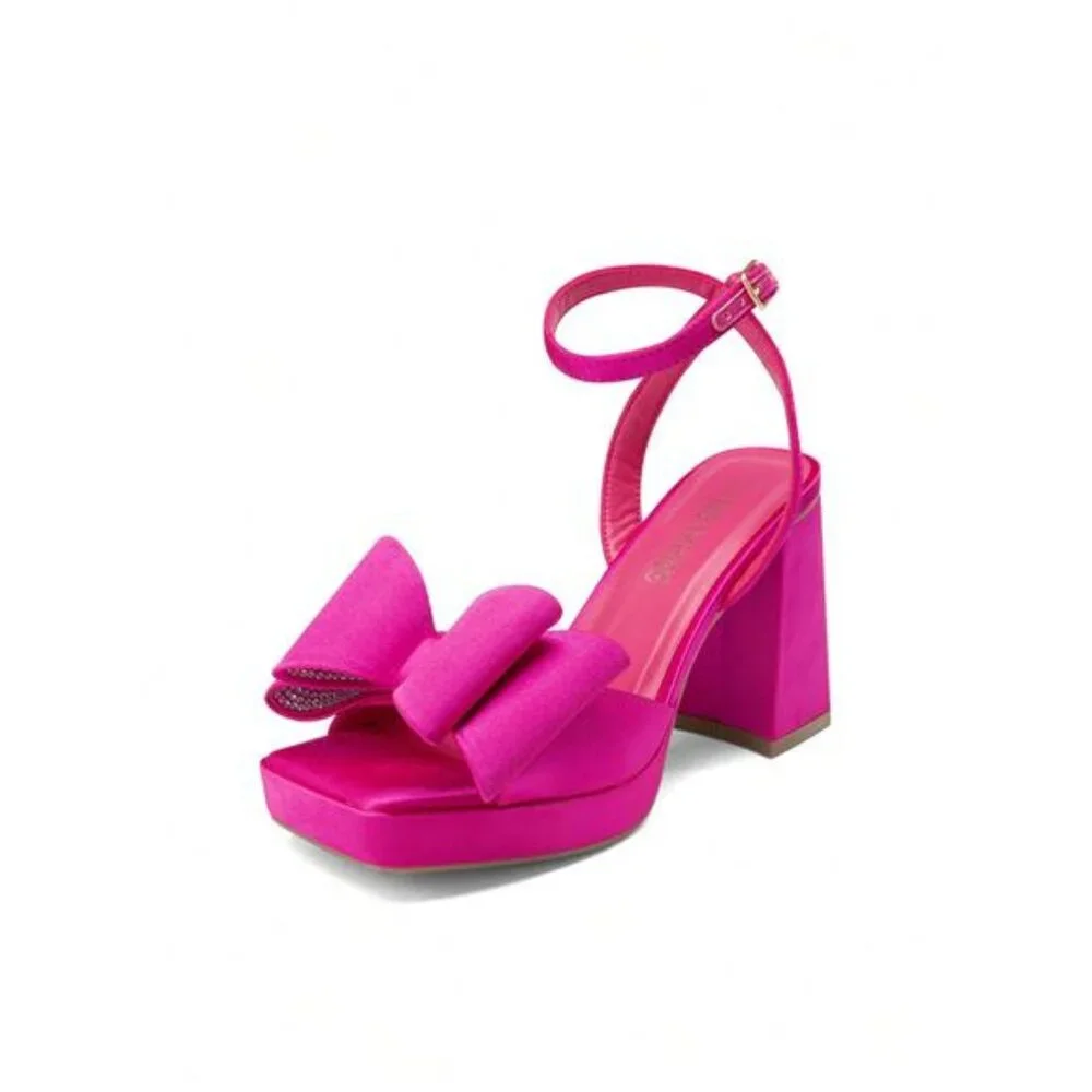 NEW - Elegant Pink Chunky Platform Heeled Fashion‎ Bow Knot Ankle Strap Sandals